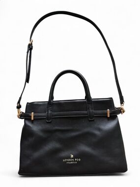 London Fog Collection Black Structured Satchel Crossbody Bag Gold Hardware